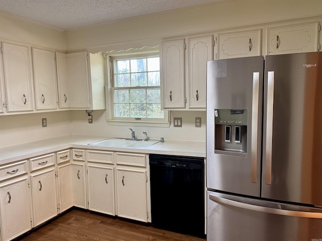 520 Cambridge Place Dr, Little Rock, AR 72227 - kitchen with stainless steel fridge with ice dispenser, dishwasher, a textured ceiling, dark wood-style flooring, and light countertops