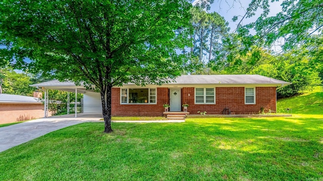 7300 Amherst Dr, Little Rock, AR 72205 - ranch-style home with driveway, brick siding, a front yard, and a carport