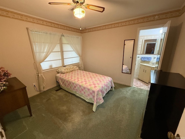 209 Crouch St, Benton, AR 72015 - carpeted bedroom with ceiling fan, ornamental molding, and connected bathroom