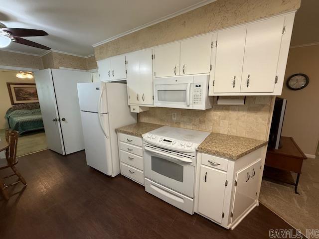 209 Crouch St, Benton, AR 72015 - kitchen with white appliances, crown molding, ceiling fan, dark wood finished floors, and white cabinets