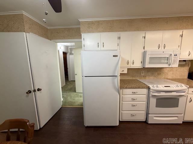 209 Crouch St, Benton, AR 72015 - kitchen with white appliances, white cabinets, a ceiling fan, crown molding, and backsplash