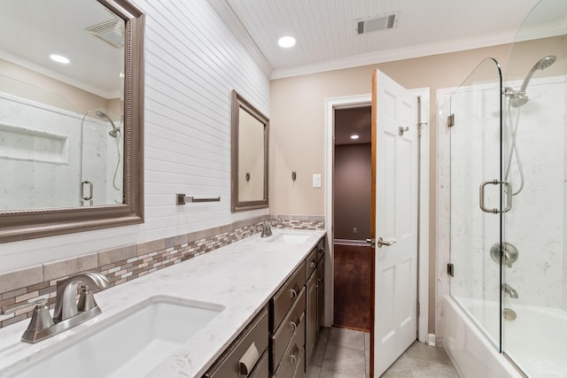 300 Beaconsfield Rd, Sherwood, AR 72120 - full bathroom featuring double vanity, ornamental molding, tile patterned floors, shower / bath combination with glass door, and tasteful backsplash