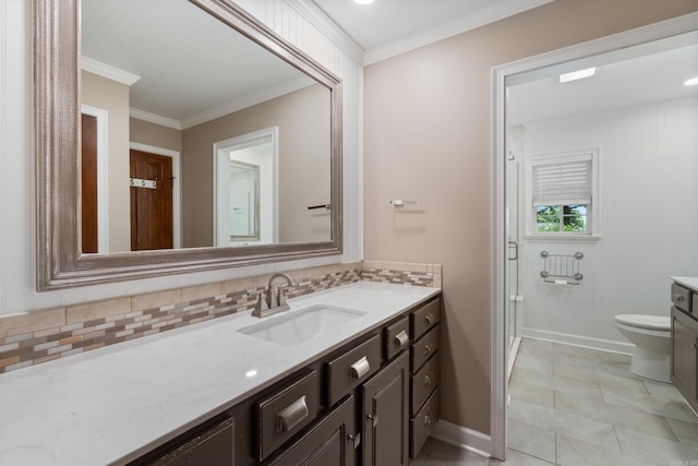 300 Beaconsfield Rd, Sherwood, AR 72120 - bathroom featuring vanity, backsplash, crown molding, and a stall shower