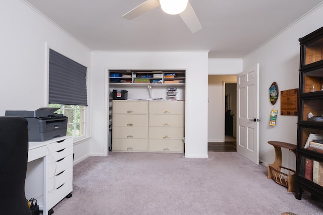 20 Robinwood Rd, Little Rock, AR 72227 - bedroom with ornamental molding, light colored carpet, an office area, and a ceiling fan