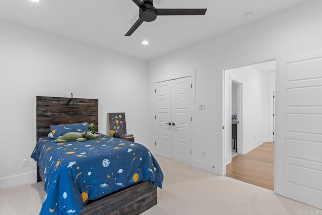 7509 S Shoreline, Benton, AR 72019 - bedroom featuring recessed lighting, a closet, ceiling fan, and carpet