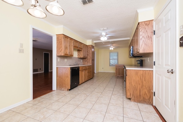 304 Dogwood Dr, Benton, AR 72019 - kitchen with black dishwasher, light countertops, a ceiling fan, stainless steel electric range, and light tile patterned floors