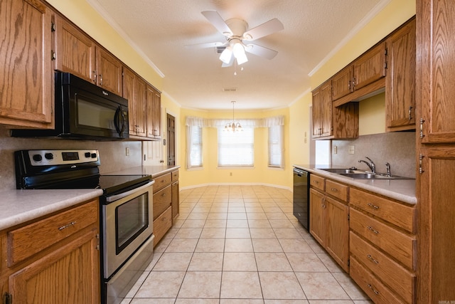 304 Dogwood Dr, Benton, AR 72019 - kitchen featuring black appliances, crown molding, decorative backsplash, brown cabinetry, and light countertops