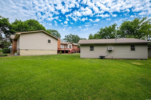 304 Dogwood Dr, Benton, AR 72019 - rear view of property featuring a lawn, stairway, a wooden deck, and a wall unit AC