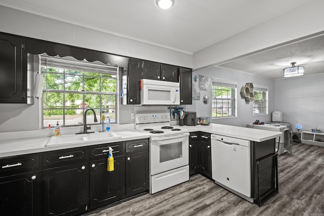 1324 Sunset Dr, Conway, AR 72034 - kitchen featuring white appliances, crown molding, dark cabinets, wood finished floors, and a peninsula