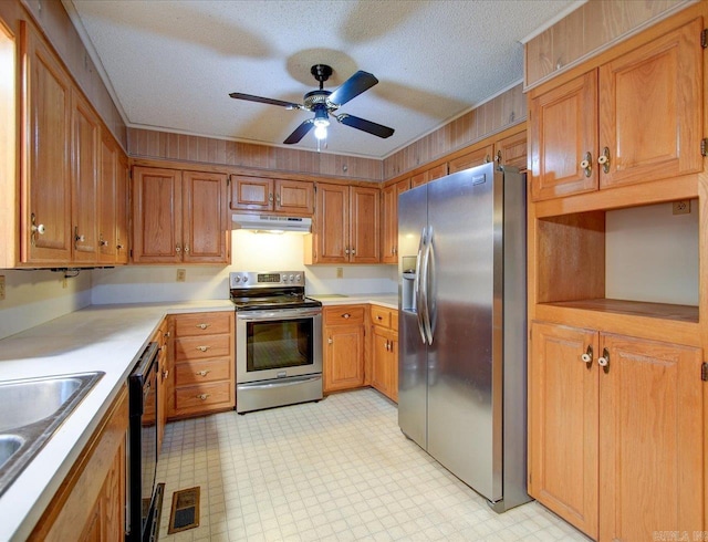 427 Morrison, Arkadelphia, AR 71923 - kitchen featuring stainless steel appliances, under cabinet range hood, ceiling fan, a textured ceiling, and light flooring