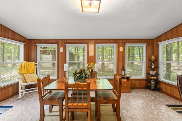 424 Center Rdg, Drasco, AR 72543 - dining room featuring wooden walls, lofted ceiling, and light floors