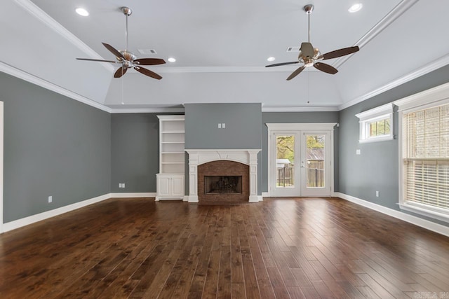 9 Bishop Pl, Little Rock, AR 72223 - unfurnished living room featuring ceiling fan, dark wood-style flooring, a fireplace, recessed lighting, and vaulted ceiling