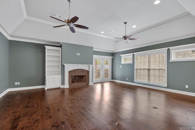 9 Bishop Pl, Little Rock, AR 72223 - unfurnished living room with a ceiling fan, a fireplace, recessed lighting, wood finished floors, and crown molding