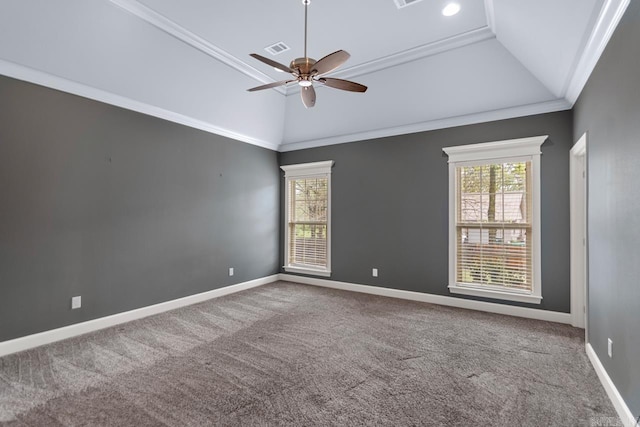 9 Bishop Pl, Little Rock, AR 72223 - empty room with plenty of natural light, a ceiling fan, carpet flooring, ornamental molding, and vaulted ceiling