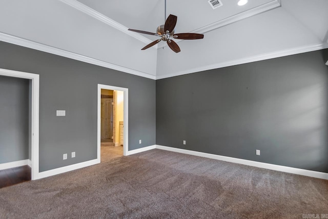 9 Bishop Pl, Little Rock, AR 72223 - unfurnished bedroom with carpet, ornamental molding, ensuite bath, high vaulted ceiling, and recessed lighting