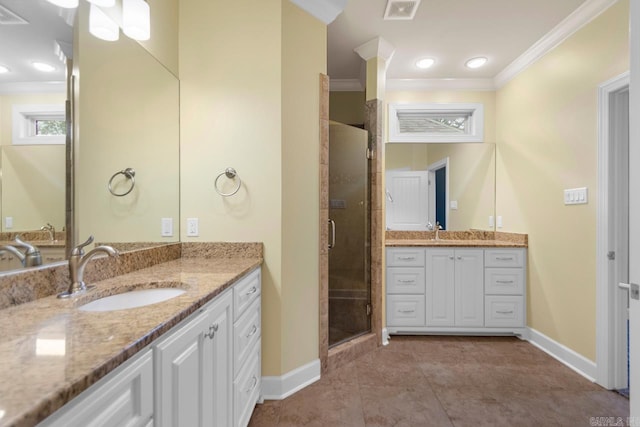 9 Bishop Pl, Little Rock, AR 72223 - full bath featuring crown molding, two vanities, a shower stall, tile patterned floors, and recessed lighting
