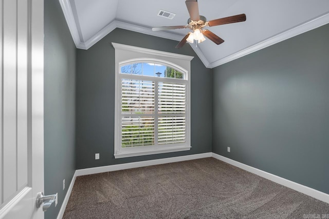 9 Bishop Pl, Little Rock, AR 72223 - carpeted empty room with vaulted ceiling, crown molding, and ceiling fan