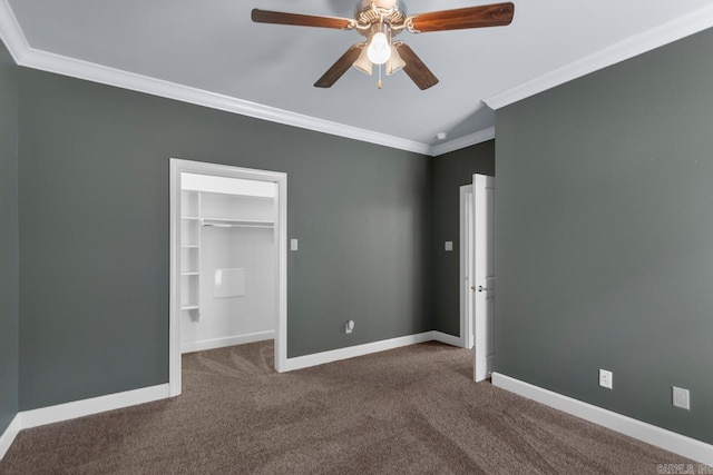 9 Bishop Pl, Little Rock, AR 72223 - unfurnished bedroom featuring ornamental molding, carpet flooring, a walk in closet, a closet, and a ceiling fan