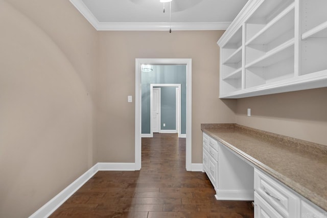 9 Bishop Pl, Little Rock, AR 72223 - kitchen featuring dark wood finished floors, crown molding, ceiling fan, white cabinetry, and open shelves