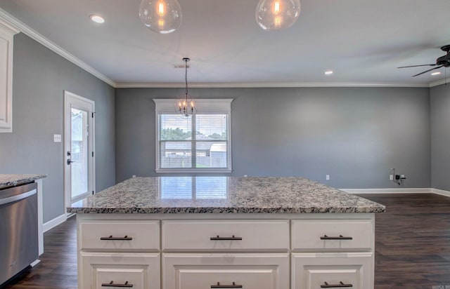 513 Sweet Gum Ct, Cabot, AR 72023 - kitchen with stainless steel dishwasher, dark wood-type flooring, a ceiling fan, light stone counters, and ornamental molding