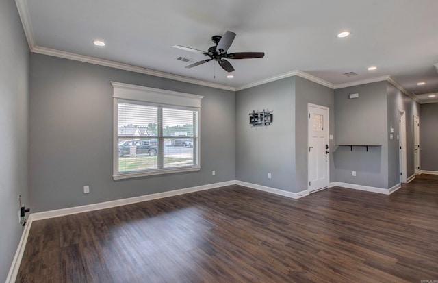 513 Sweet Gum Ct, Cabot, AR 72023 - spare room with ceiling fan, dark wood-style floors, recessed lighting, and ornamental molding