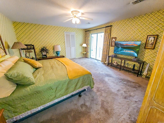 1127 Twin Points Rd Unit A, Hot Springs, AR 71913 - bedroom with wallpapered walls, access to outside, carpet, and a ceiling fan