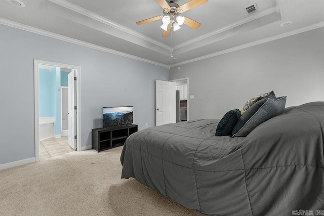 31 Auburn Hills Dr, Greenbrier, AR 72058 - bedroom with a tray ceiling, light colored carpet, crown molding, ensuite bath, and ceiling fan