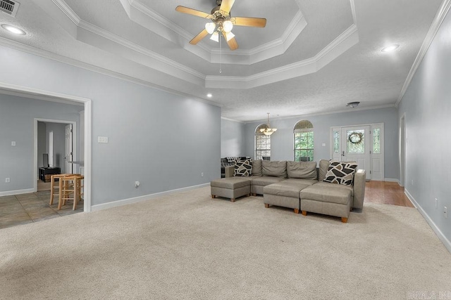 31 Auburn Hills Dr, Greenbrier, AR 72058 - living room with carpet flooring, a raised ceiling, ornamental molding, ceiling fan, and recessed lighting