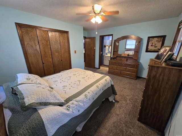 1206 Broadway Ave, Bull Shoals, AR 72619 - bedroom with carpet, a textured ceiling, a ceiling fan, and a closet