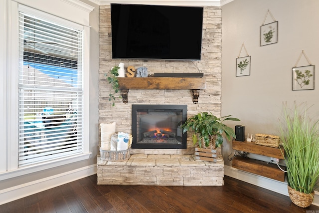 2705 Pulaski Dr, Conway, AR 72034 - living area with hardwood / wood-style floors, a stone fireplace, and crown molding