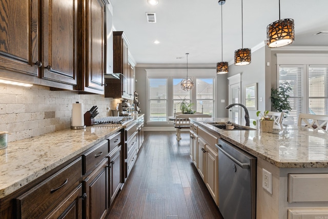 2705 Pulaski Dr, Conway, AR 72034 - kitchen with appliances with stainless steel finishes, plenty of natural light, crown molding, dark wood-type flooring, and backsplash