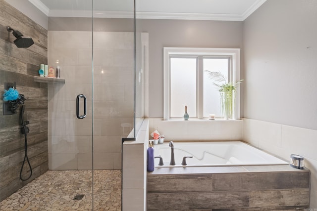 2705 Pulaski Dr, Conway, AR 72034 - full bath featuring a garden tub, a shower stall, and crown molding