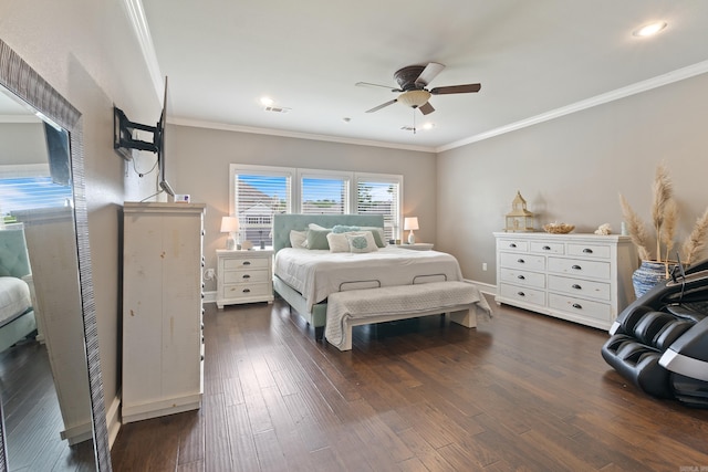 2705 Pulaski Dr, Conway, AR 72034 - bedroom with dark wood-type flooring, crown molding, a ceiling fan, and recessed lighting