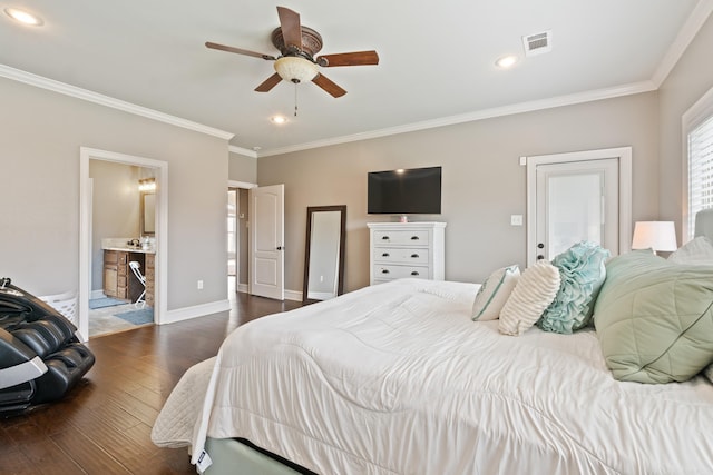 2705 Pulaski Dr, Conway, AR 72034 - bedroom featuring dark wood-type flooring, ornamental molding, recessed lighting, a ceiling fan, and ensuite bathroom