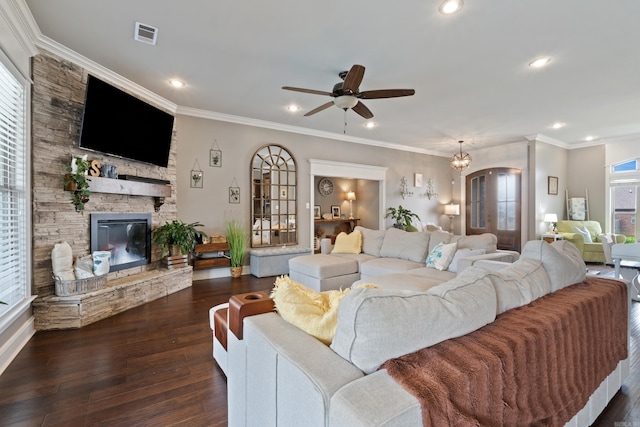 2705 Pulaski Dr, Conway, AR 72034 - living room with a ceiling fan, a fireplace, wood finished floors, recessed lighting, and crown molding