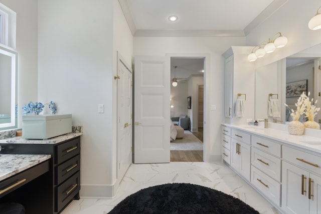 2960 Orchard View Dr, Conway, AR 72034 - bathroom featuring ensuite bathroom, vanity, marble look tiles, ceiling fan, and recessed lighting