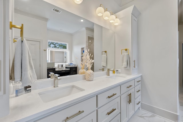 2960 Orchard View Dr, Conway, AR 72034 - bathroom with double vanity, marble look tiles, and recessed lighting