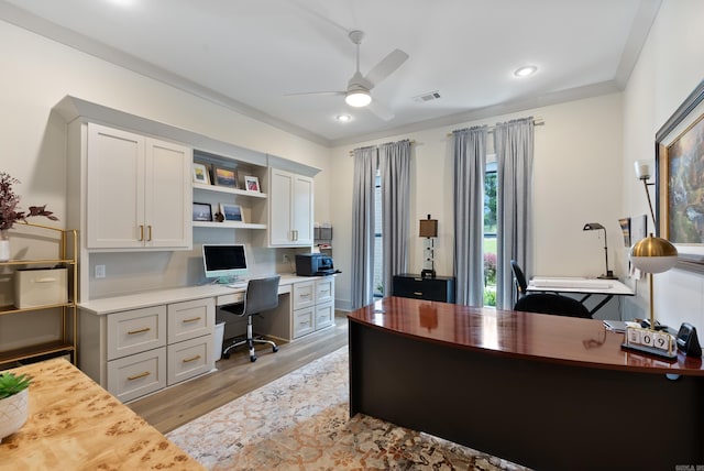 2960 Orchard View Dr, Conway, AR 72034 - home office featuring ceiling fan, light wood finished floors, recessed lighting, built in study area, and ornamental molding