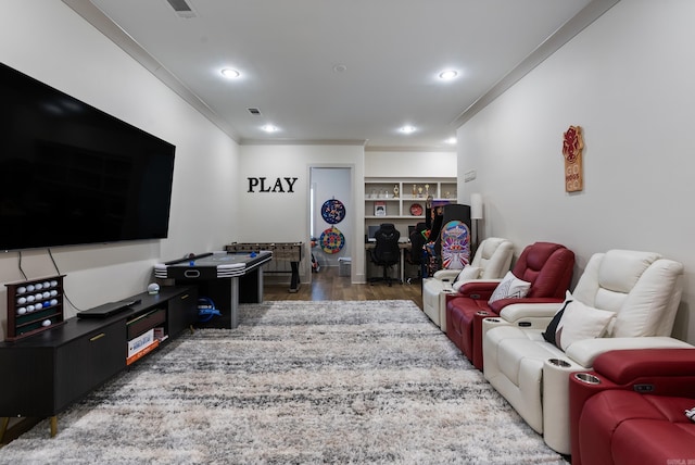 2960 Orchard View Dr, Conway, AR 72034 - living area with crown molding, wood finished floors, and recessed lighting