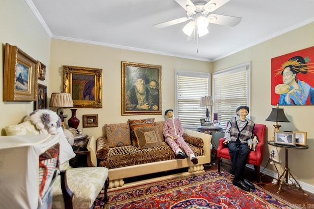 7111 W Markham St, Little Rock, AR 72205 - sitting room with a ceiling fan, ornamental molding, and wood finished floors