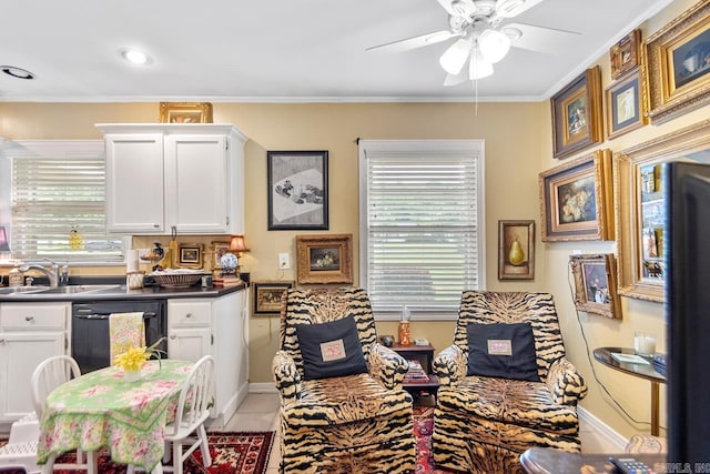 7111 W Markham St, Little Rock, AR 72205 - kitchen featuring dishwasher, a ceiling fan, white cabinets, dark countertops, and crown molding