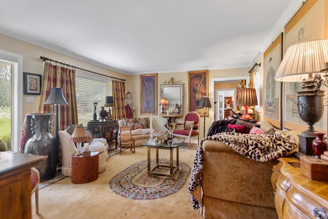 7111 W Markham St, Little Rock, AR 72205 - living area featuring healthy amount of natural light, crown molding, a wood stove, and carpet flooring