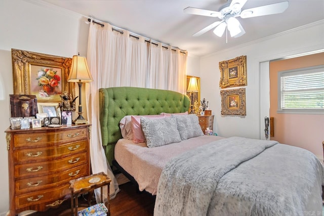 7111 W Markham St, Little Rock, AR 72205 - bedroom with wood finished floors, ornamental molding, and ceiling fan