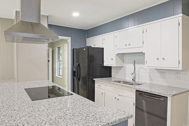 6905 White Oak Cv, White Hall, AR 71602 - kitchen with wall chimney range hood, black appliances, ornamental molding, white cabinetry, and decorative backsplash