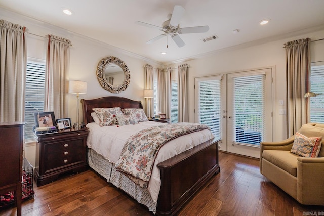 410A Halteria, Hot Springs, AR 71913 - bedroom featuring access to exterior, dark wood-type flooring, crown molding, recessed lighting, and a ceiling fan