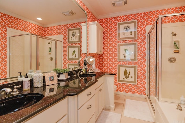 410A Halteria, Hot Springs, AR 71913 - bathroom with crown molding, a shower stall, double vanity, and tile patterned flooring