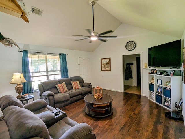 532 Scenic Valley Dr, Heber Springs, AR 72543 - living room featuring wood finished floors, ceiling fan, and high vaulted ceiling