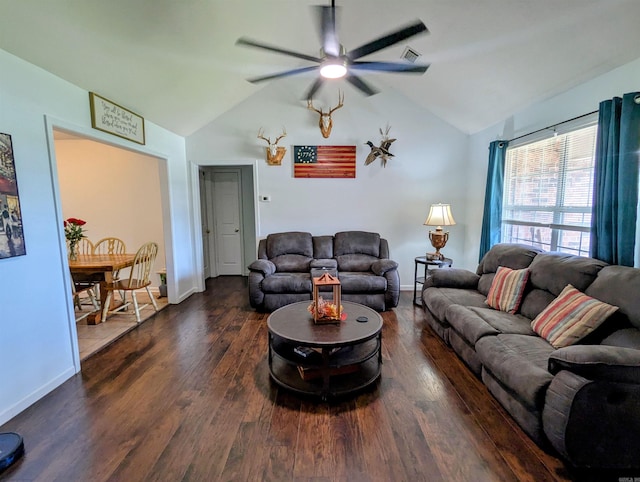 532 Scenic Valley Dr, Heber Springs, AR 72543 - living room featuring lofted ceiling, ceiling fan, and wood finished floors