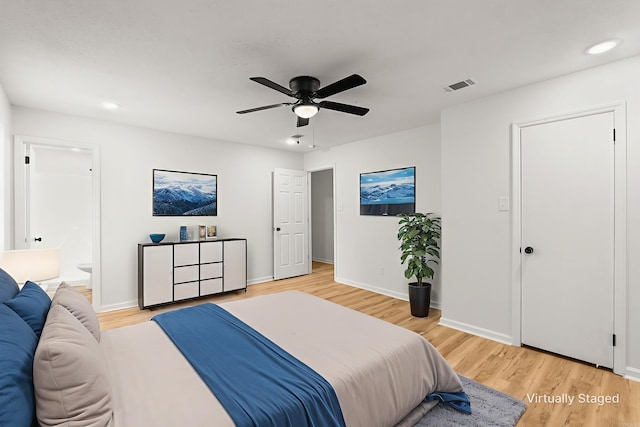 4901 Westwood Ave, Little Rock, AR 72204 - bedroom featuring light wood-type flooring, recessed lighting, a ceiling fan, and ensuite bathroom
