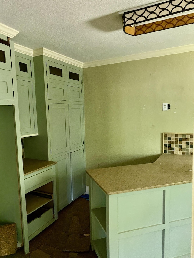 2767 E Main St, Lamar, AR 72846 - kitchen with ornamental molding, a textured ceiling, open shelves, light stone countertops, and a peninsula